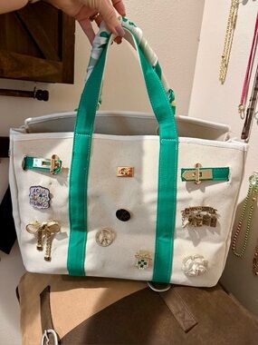 Boatkin Canvas Tote Bag with Green Trim and Decorative Pins